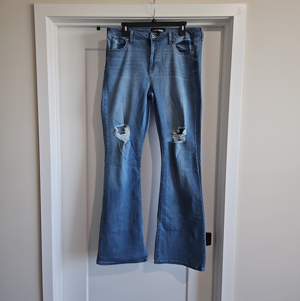 Fashion Nova Light Blue Distressed Flare Jeans